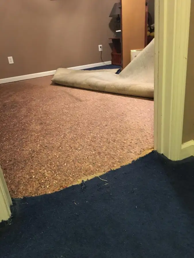 Carpet pad removal revealing water damage during Drying & Dehumidification in Reading